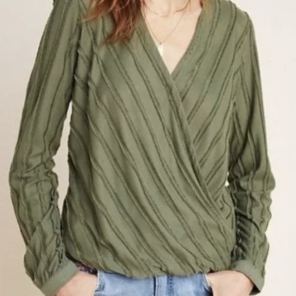 Anthropologie Maeve Audre Wrap Blouse Olive Green Size Small Petite